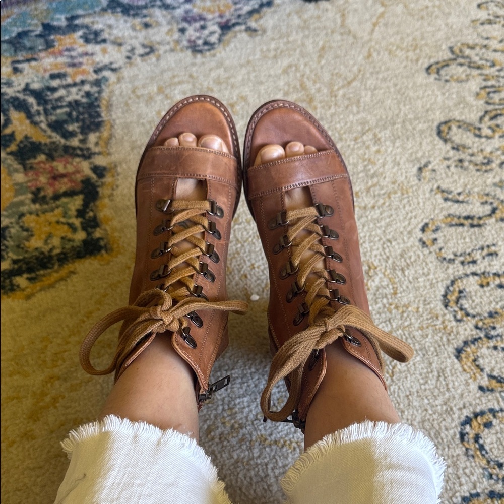 Free People Brown Lace-Up Open-Toe Booties